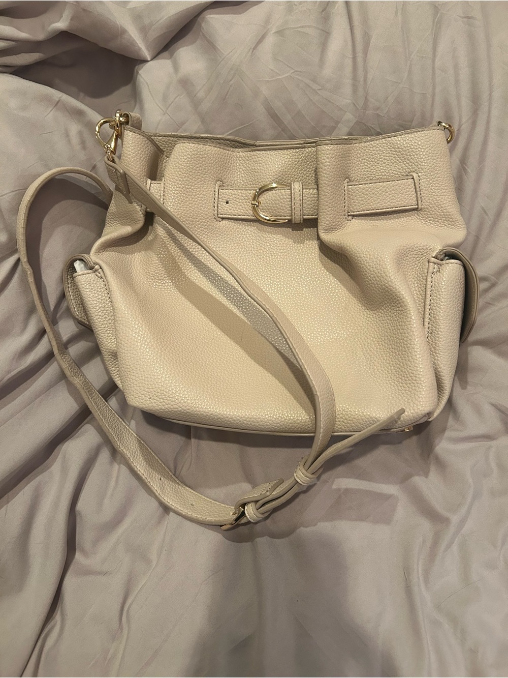 Classic Cream Pebbled Shoulder Bag with Gold Accent
